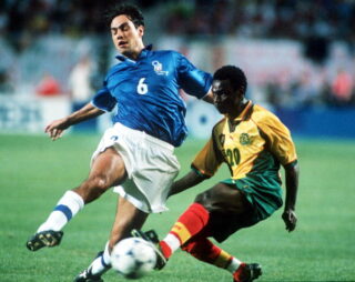 1998 World Cup Finals, Montpellier, France, 17th JUNE 1998, Italy 3 v Cameroon 0, Alessandro Nesta of Italy contests the ball with Cameroon’s Olembe