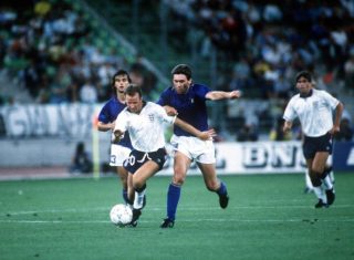 1990 World Cup Third Place Play Off. Bari, Italy. 7th July, 1990. Italy 2 v England 1. England’s Trevor Steven moves away from Italy’s Carlo Ancelotti with the ball.