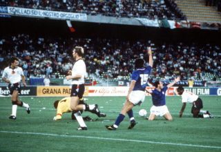 1990 World Cup Third Place Play Off. Bari, Italy. 7th July, 1990. Italy 2 v England 1. Italy’s Salvatore Schillaci appeals for a penalty after being fouled by Paul Parker. He scored from the spot to put Italy 1-0 in the lead and made him top scorer of the