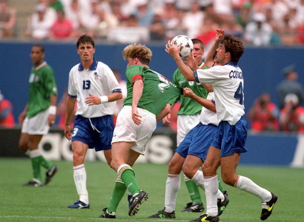 1994 World Cup Finals. New York, USA. 18th June 1994. Ireland 1 v Italy 0. Ireland’s Andy Townsend with Italy’s Alessandro Costacurta.